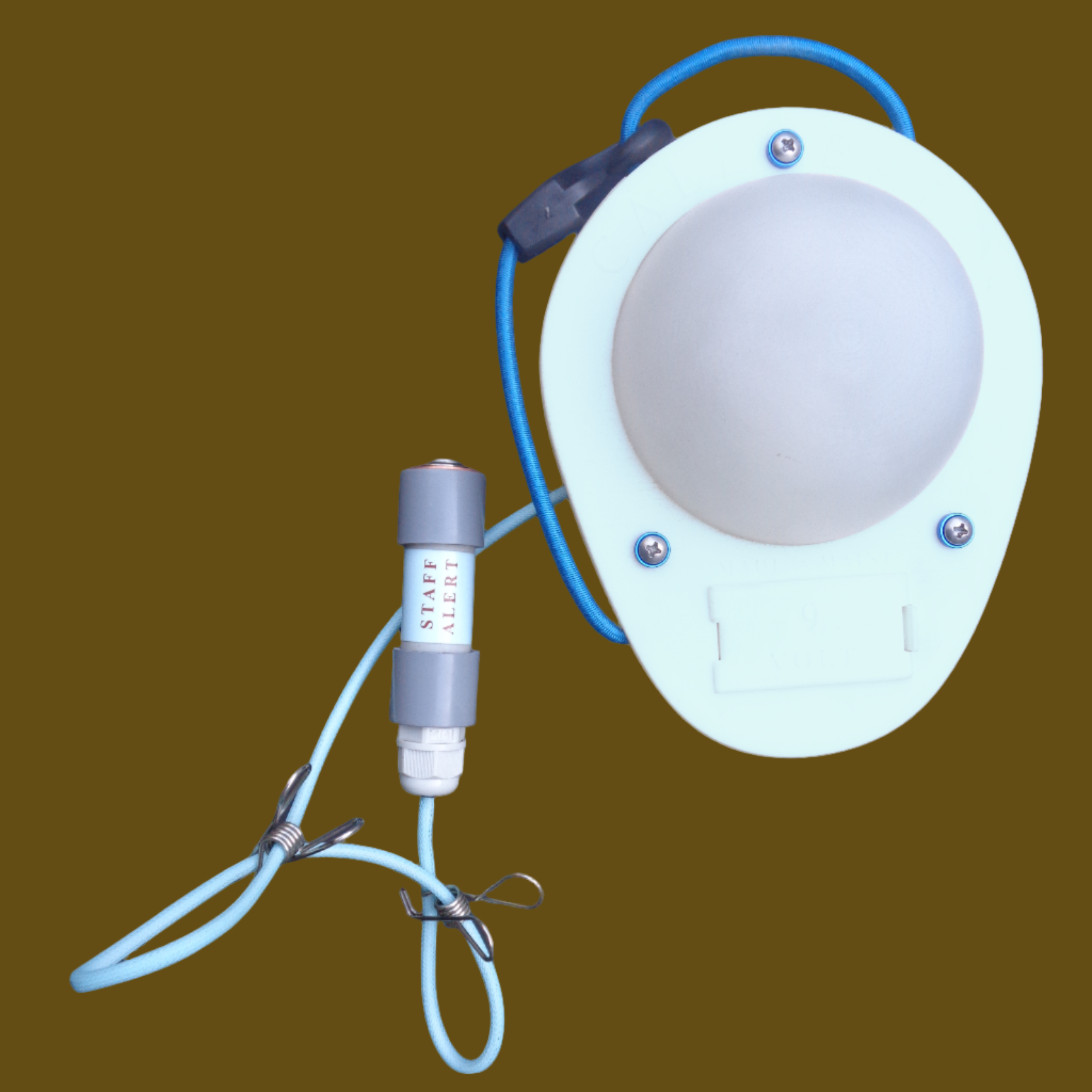 Wall-mounted light fixture with blue cable on a dark background